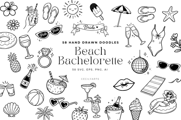 Download Beach Bachelorette Doodle Clipart Set - Set Collection