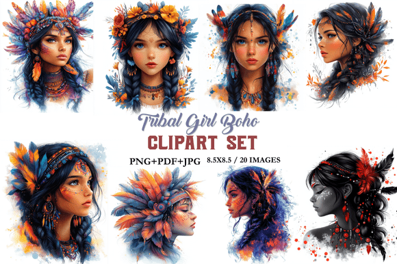 Download Tribal Girl Boho Clipart Set - Tribal Collection