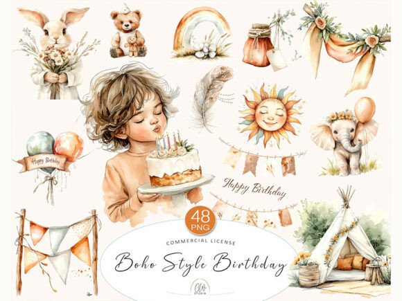 Download 48 Boho Birthday Clipart PNG Set - Set Collection